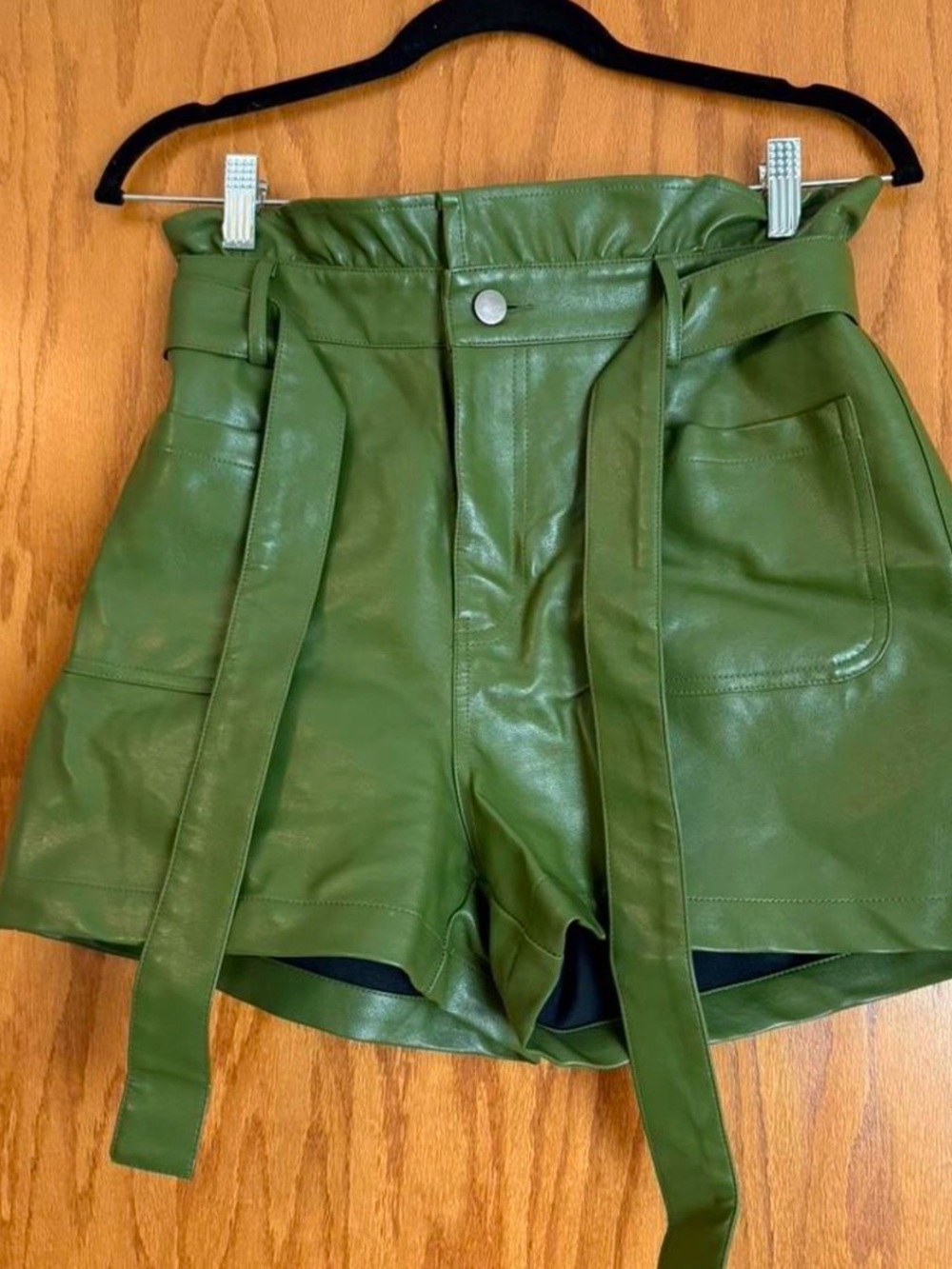 Alya Olive Green High-Waist Faux Leather Tie-Belt Shorts
